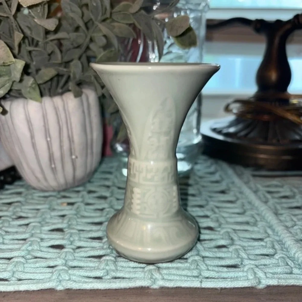 Celadon Green Porcelain Bud Vase with Subtle Carved Motif